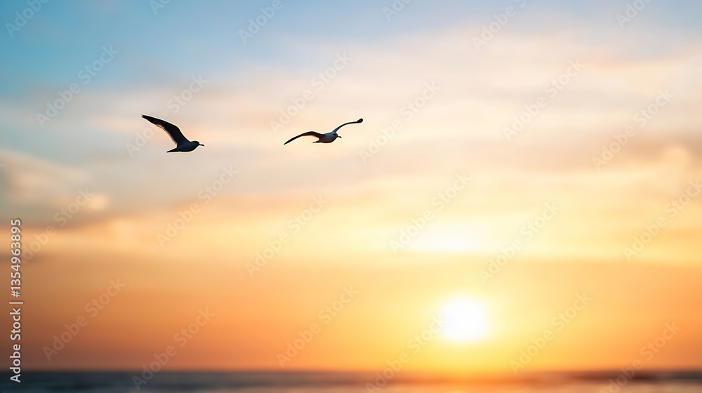 Fototapeta premium Two soaring birds fly gracefully into a vivid sunset backdrop over a calm ocean horizon : Generative AI