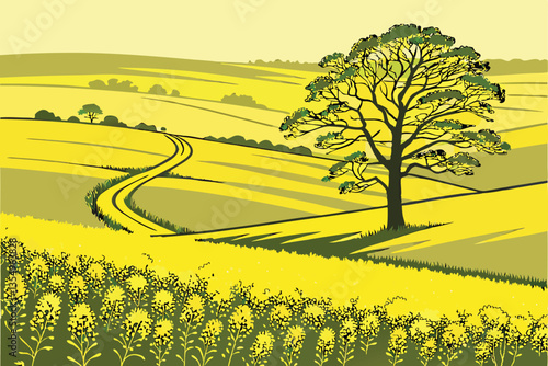 1 Vibrant yellow rapeseed field, lone tree, rolling landscape, bright spring colors, agricultural scenery, minimalist composition, striking contrast, golden meadow, serene countryside, blooming canola