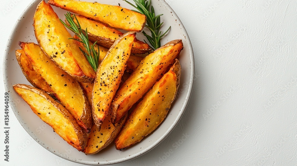 Roasted potato wedges, rosemary, white background, food photography, recipe Roasted potato wedges, rosemary, white background, food photography, recipe