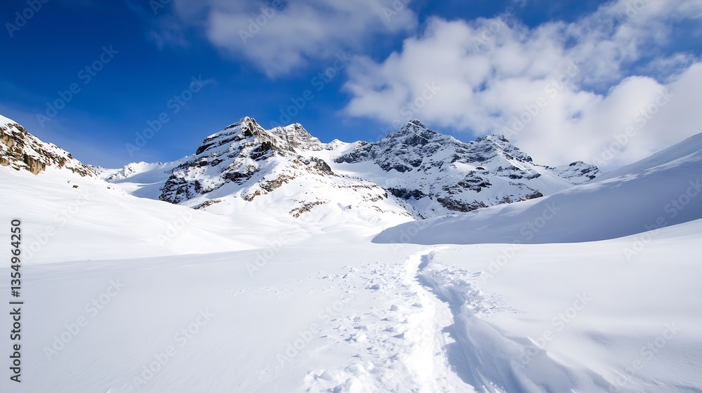 Obraz premium Scenic Winter Landscape Featuring Snow Covered Mountains Under a Clear Blue Sky : Generative AI