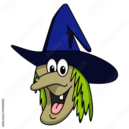 Strega simpatica che ride con un dente solo. Disegno simpatico stile fumetto vettoriale editabile