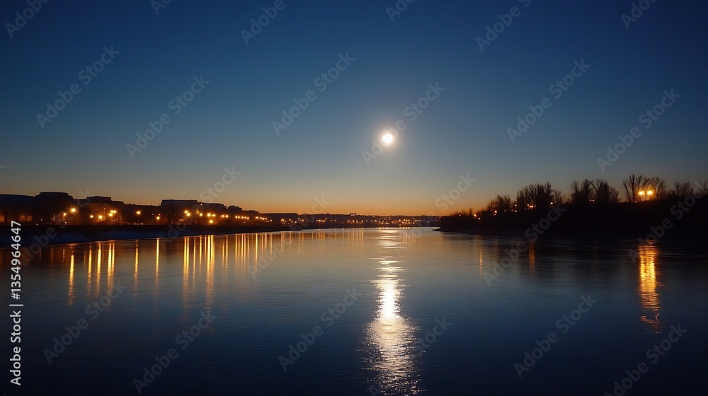 Tranquil river scene at dusk with full moon reflecting on water and city lights in the background : Generative AI Tranquil river scene at dusk with full moon reflecting on water and city lights in the background : Generative AI