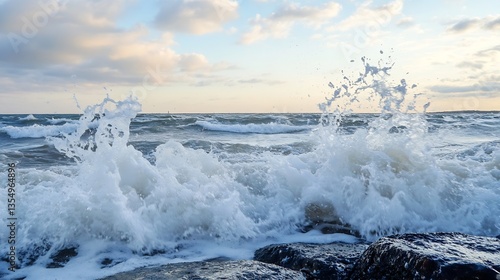 Dynamic ocean waves crashing against rocks creating a beautiful spray in the sunset : Generative AI