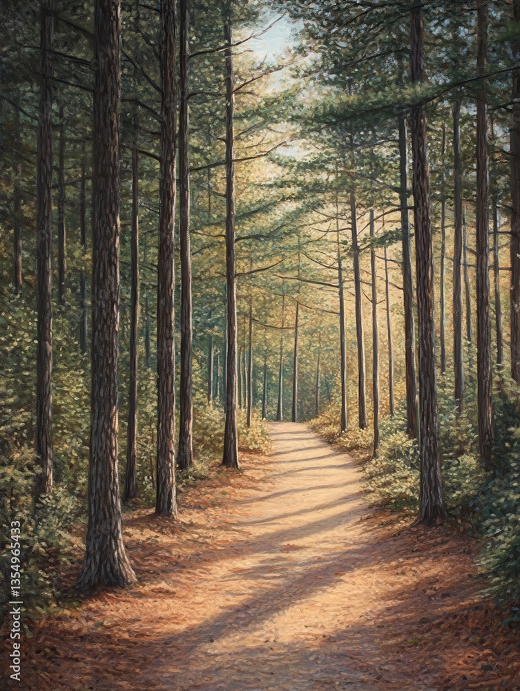 Fototapeta premium Sunlight streaming through tall trees along a tranquil forest path during autumn.
