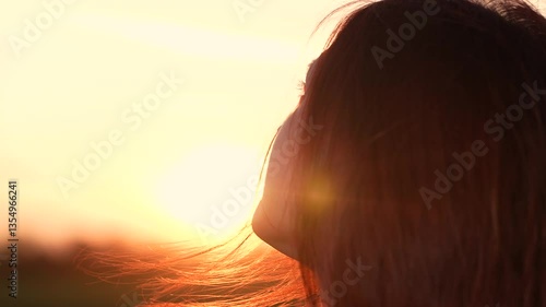 face person outdoors, woman face look up serenity silhouette, relax nature pleasure, beautiful girl with red hair wind looking sunset, evening thoughts, dreaming twilight, people happiness dream face