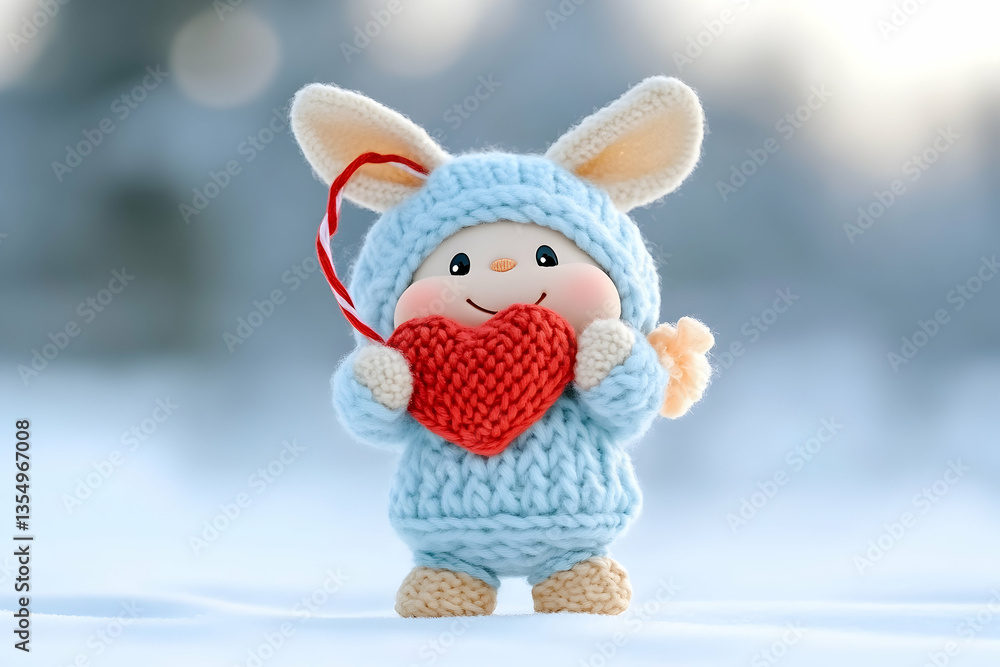 Fototapeta premium Knitted Bunny Holding Heart, Snowy Scene