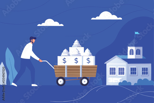 A determined person single-handedly pulls a heavily laden wagon overflowing with diverse investment assets; stocks, bonds, gold, etc.  Illustrate effort and ambition.