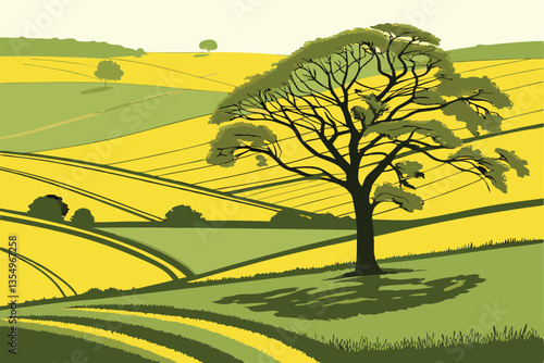 2 Vibrant landscape, lone tree in field, lush green wheat field, bright yellow rapeseed field, contrasting colors, rolling countryside, agricultural beauty, springtime scenery, minimalist composition,