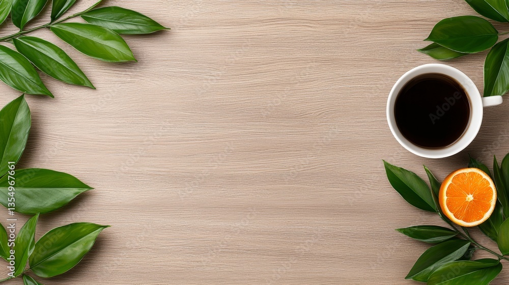 A cup of coffee and an orange on a wooden table A cup of coffee and an orange on a wooden table