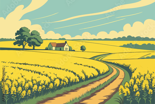 3 Vibrant yellow rapeseed field, Bright blue sky with wispy clouds, Dirt road intersection, Rural farmhouse in distance, Green trees on horizon, Scenic countryside landscape, Golden hour lighting, Wid