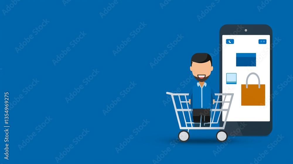 A man sitting in a shopping cart next to a smartphone A man sitting in a shopping cart next to a smartphone