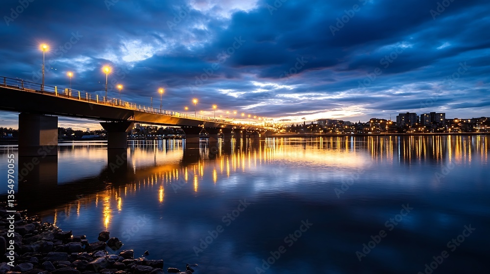 Dramatic Night View of a Bridge Reflecting City Lights on Calm Water : Generative AI Dramatic Night View of a Bridge Reflecting City Lights on Calm Water : Generative AI