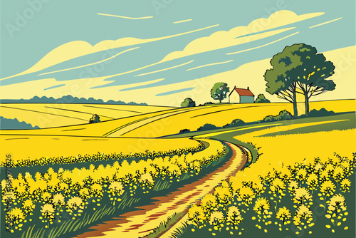 3 Vibrant yellow rapeseed field, Bright blue sky with wispy clouds, Dirt road intersection, Rural farmhouse in distance, Green trees on horizon, Scenic countryside landscape, Golden hour lighting, Wid