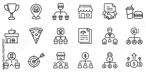 "Containing Franchise Line Icons Representing Franchise Business Models, Operations, and Franchisee Relationships in a Clean and Modern Linear Design"