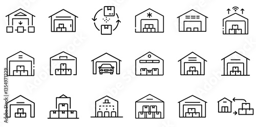 "Warehouse Icon Representing Storage, Inventory Management, and Logistics in a Clean and Practical Linear Design"
