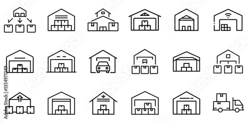 "Warehouse Icon Representing Storage, Inventory Management, and Logistics in a Clean and Practical Linear Design"