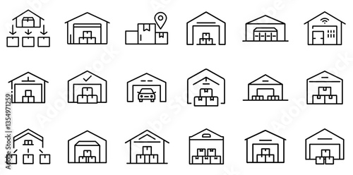 "Warehouse Icon Representing Storage, Inventory Management, and Logistics in a Clean and Practical Linear Design"