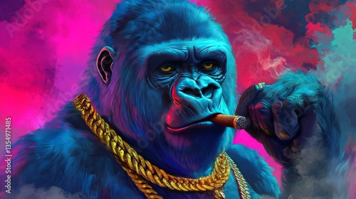 A bold digital illustration featuring a gorilla adorned with a gold chain and smoking a cigar against a vibrant, colorful background, evoking a sense of urban attitude and artistic flair.. AI