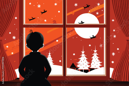 A child eagerly peering out a frosty window, awaiting Santa's arrival on Christmas Eve.  Night scene, warm interior.