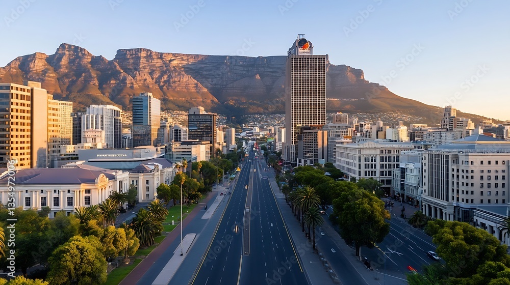 Obraz premium Vibrant cityscape of Cape Town with Table Mountain and colorful buildings bathed in golden sunlight : Generative AI