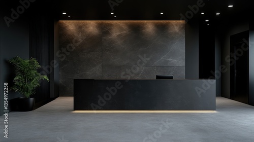 Modern, minimalist lobby reception desk with dark gray stone accents.  