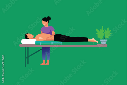 A serene person relaxes on a massage table, receiving a relaxing back rub from a therapist.  Focus on peaceful expression and gentle touch.