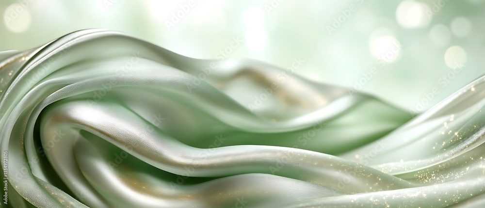 Obraz premium Green silk fabric waves, bokeh background