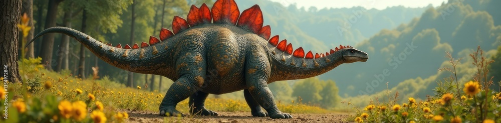 Fototapeta premium Prehistoric Stegosaurus with a long neck and plates on its back, wilderness, stegosaurus