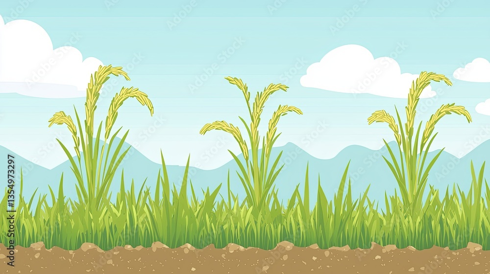 Obraz premium Vibrant Rice Field with Lush Green Grass and Scenic Mountain View