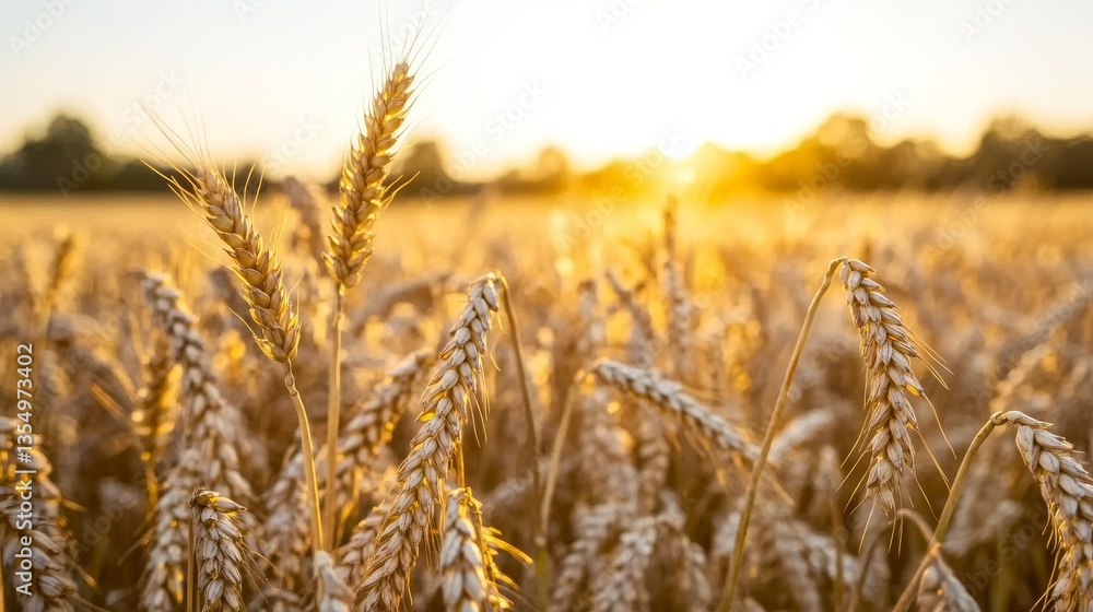 Fototapeta premium A detailed view of ripe wheat stalks in a field, bathed in the golden light of sunset. The warm glow enhances the rich textures of the wheat, evoking a sense of abundance and tranquility in a rural