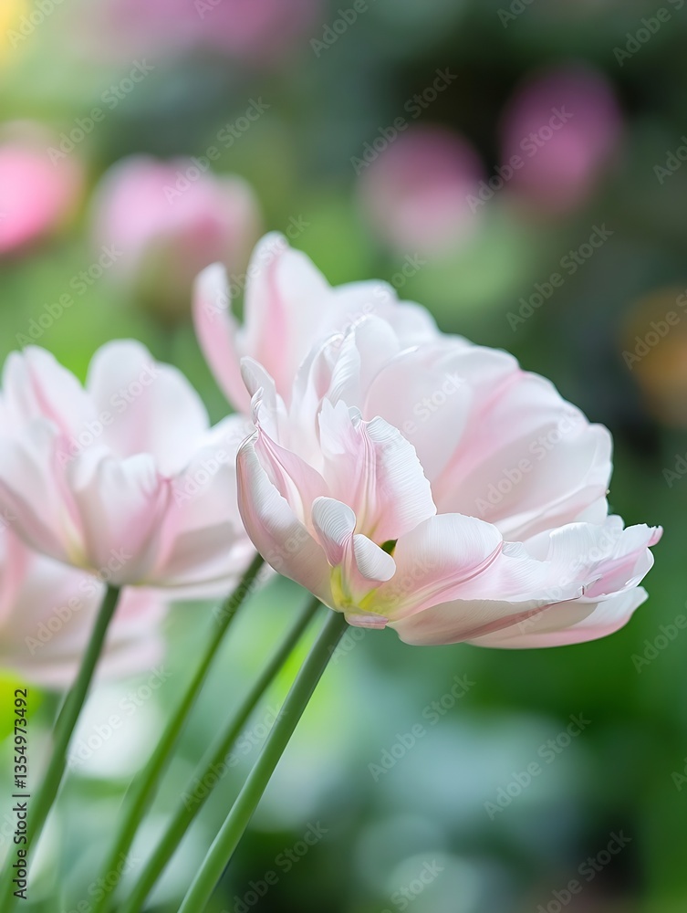 Obraz premium Delicate pink tulips blooming amidst a soft blurred background in vibrant spring garden : Generative AI