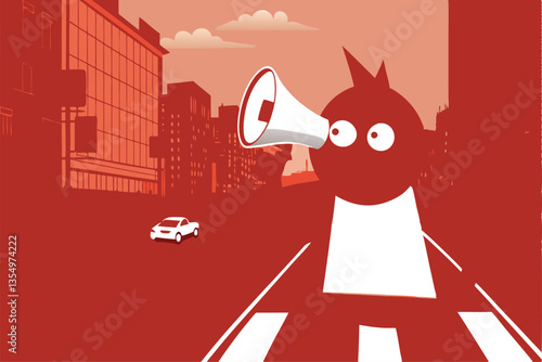 A charismatic character passionately addresses a crowd from a bustling street corner, wielding a bullhorn.  Detailed urban background.