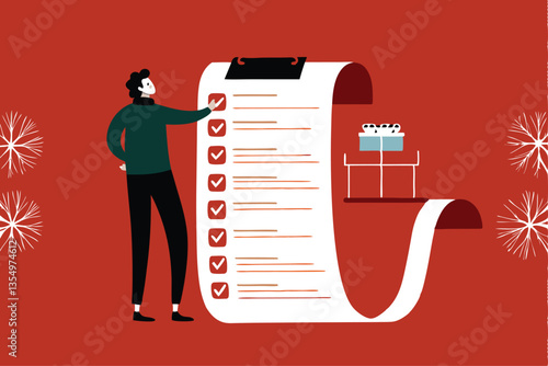 A cheerful cartoon character meticulously reviews their Christmas shopping list, brimming with festive cheer.  Illustrate detailed list items.