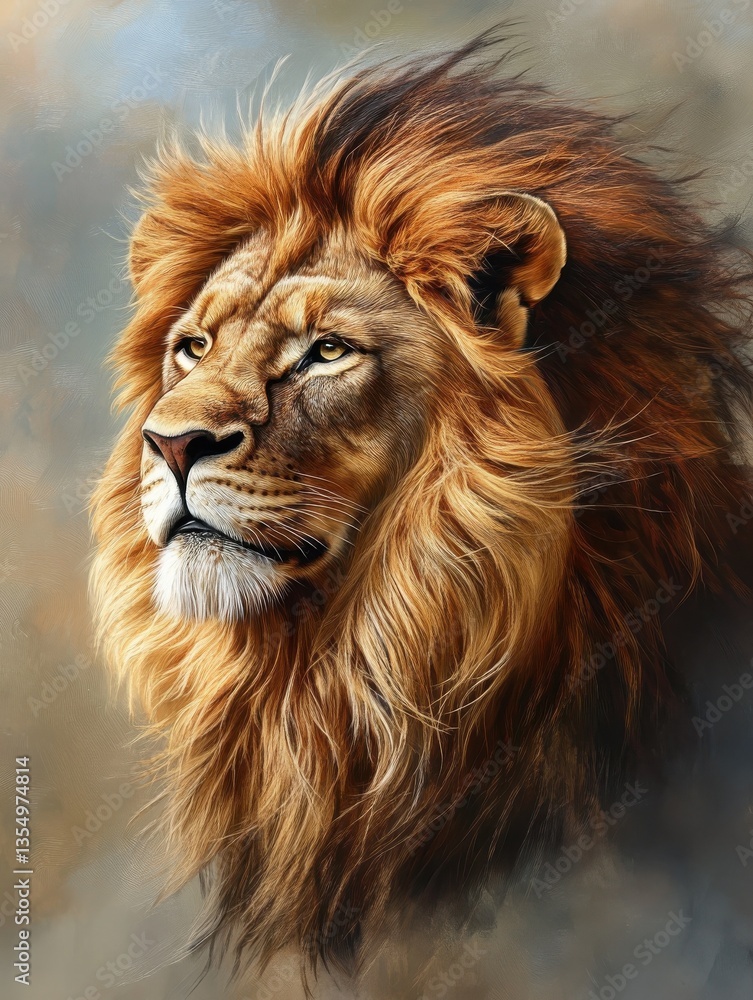 Fototapeta premium Portrait of a lion head with a full, windswept mane, the background softly blurred to emphasize the regal face