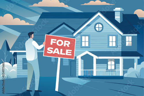 A person sadly placing a "For Sale" sign next to a forlorn-looking character, possibly a robot or whimsical creature.  Depict a sense of loss or abandonment.