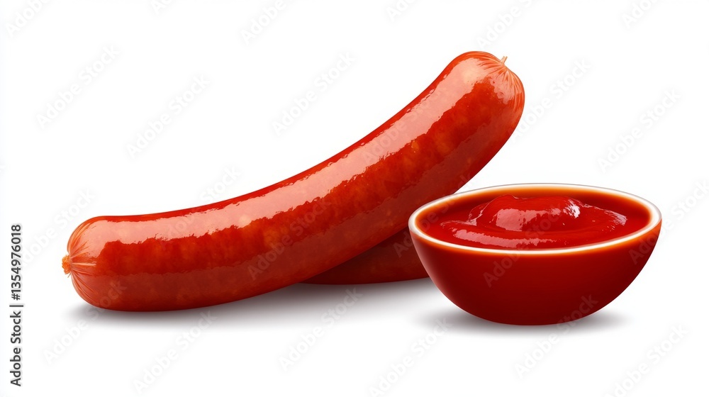 A hot dog and a bowl of ketchup on a white background A hot dog and a bowl of ketchup on a white background