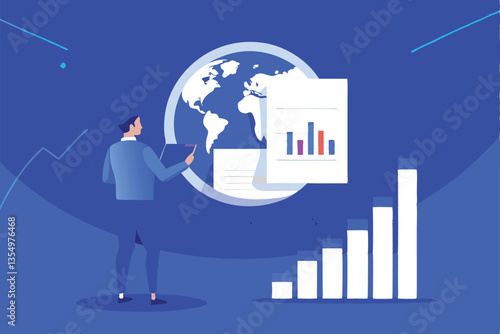 A serious businessperson meticulously reviewing a global market report, showcasing data analysis and insightful decision-making.