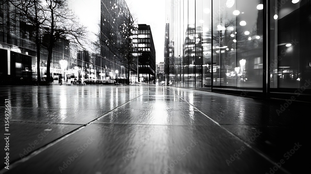 Fototapeta premium Urban Night Scene Captured in Black and White with Reflection on Wet Pavement : Generative AI