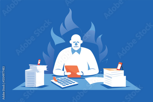Anxious person overwhelmed by a large stack of unpaid bills, using a calculator to desperately try to manage their finances.