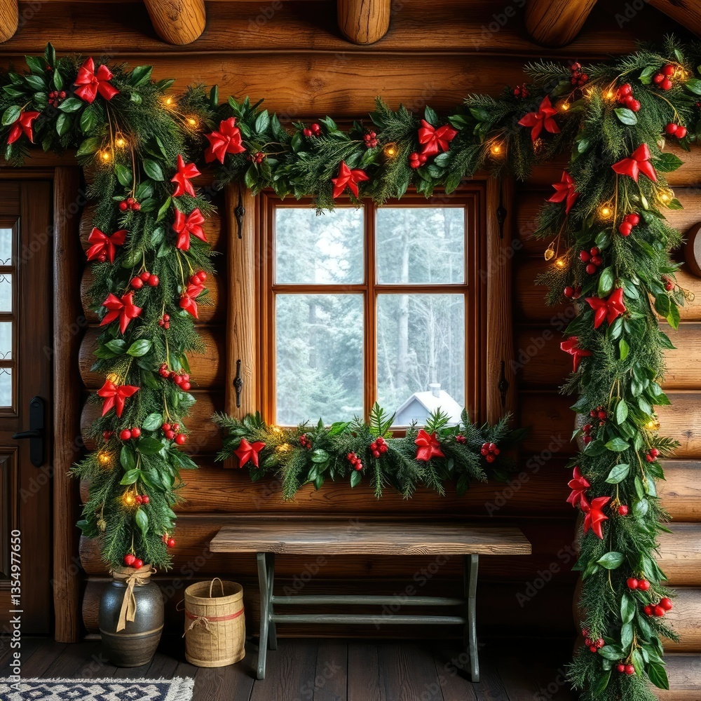 Fototapeta premium festive holly and mistletoe garlands adorn the walls of a cozy cabin, rustic, garland, cabin
