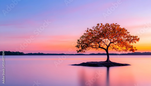 Solitary tree on a small island at sunset, reflecting in calm water