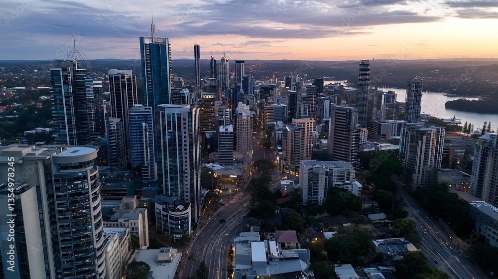 Obraz premium Aerial view of a vibrant city skyline at dusk showcasing modern architecture and urban life : Generative AI