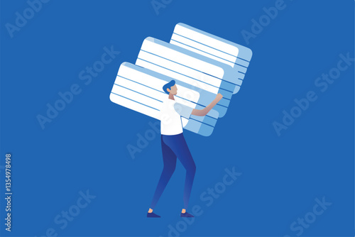 A person overwhelmed by a large stack of credit cards, illustrating debt and financial stress.