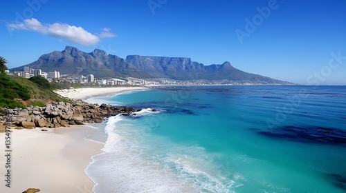 Stunning view of Table Mountain and the coastline with turquoise water and sandy beaches in South Africa : Generative AI