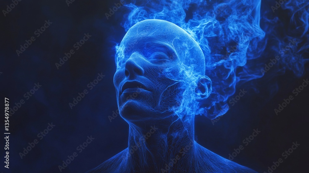An abstract digital artwork showcasing a human face surrounded by flowing blue energy, with electric details enhancing its surreal and futuristic appeal. This concept fits themes of artificial An abstract digital artwork showcasing a human face surrounded by flowing blue energy, with electric details enhancing its surreal and futuristic appeal. This concept fits themes of artificial