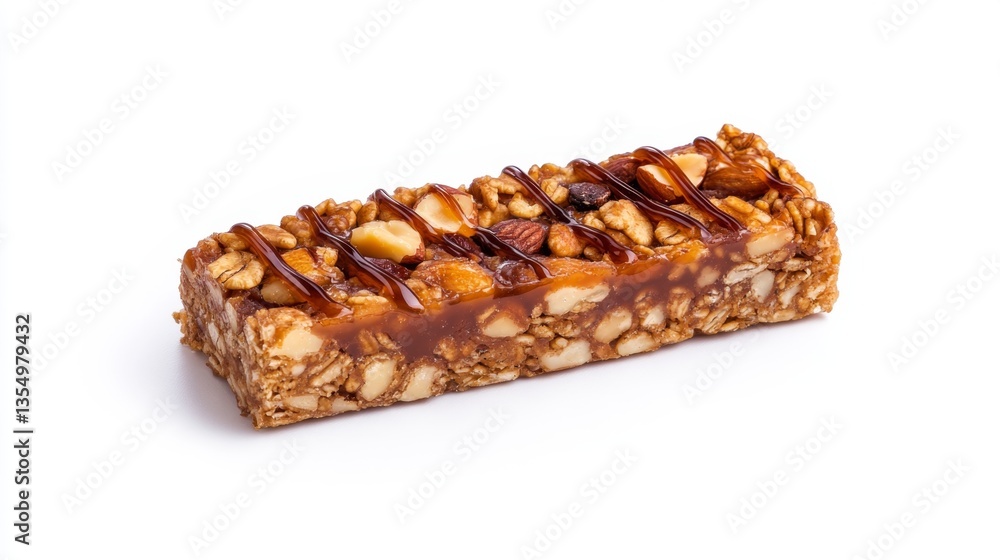 A bar of granola with nuts and chocolate on a white background A bar of granola with nuts and chocolate on a white background