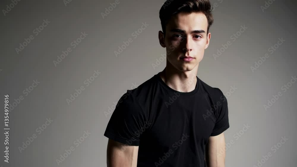 Young man in black tshirt transitions from side to front portrait with subtle expressions. 4k stock footage Young man in black tshirt transitions from side to front portrait with subtle expressions. 4k stock footage