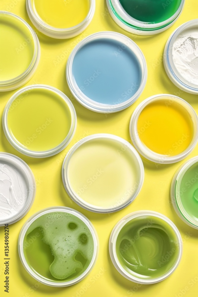 A variety of different colored lip balms on a yellow background A variety of different colored lip balms on a yellow background