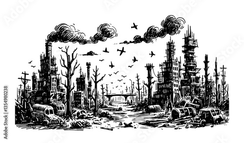 bombed post-apocalyptic city ruins black vector sketch