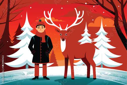 A friendly person, Stan, enjoys a snowy day with a playful reindeer in a winter wonderland.  Illustrate a heartwarming scene.